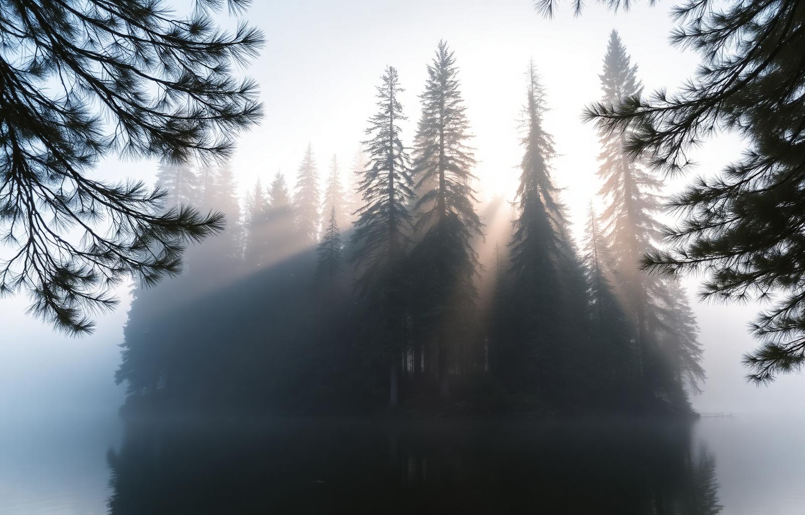 Stilla skog i morgondimma